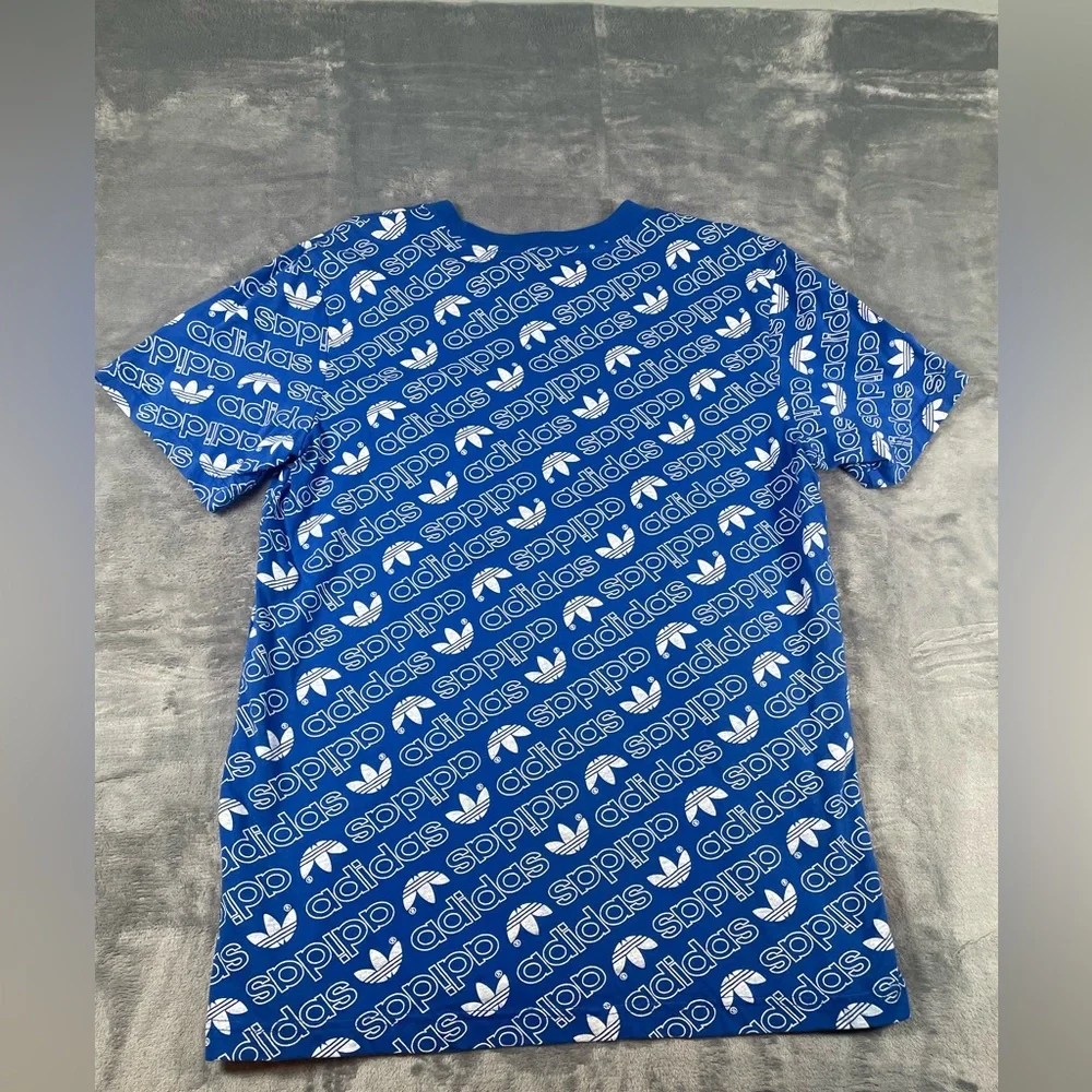 Adidas Originals Mens Blue White All Over Logo Print T-Shirt Trefoil Size Large - Picture 6 of 6